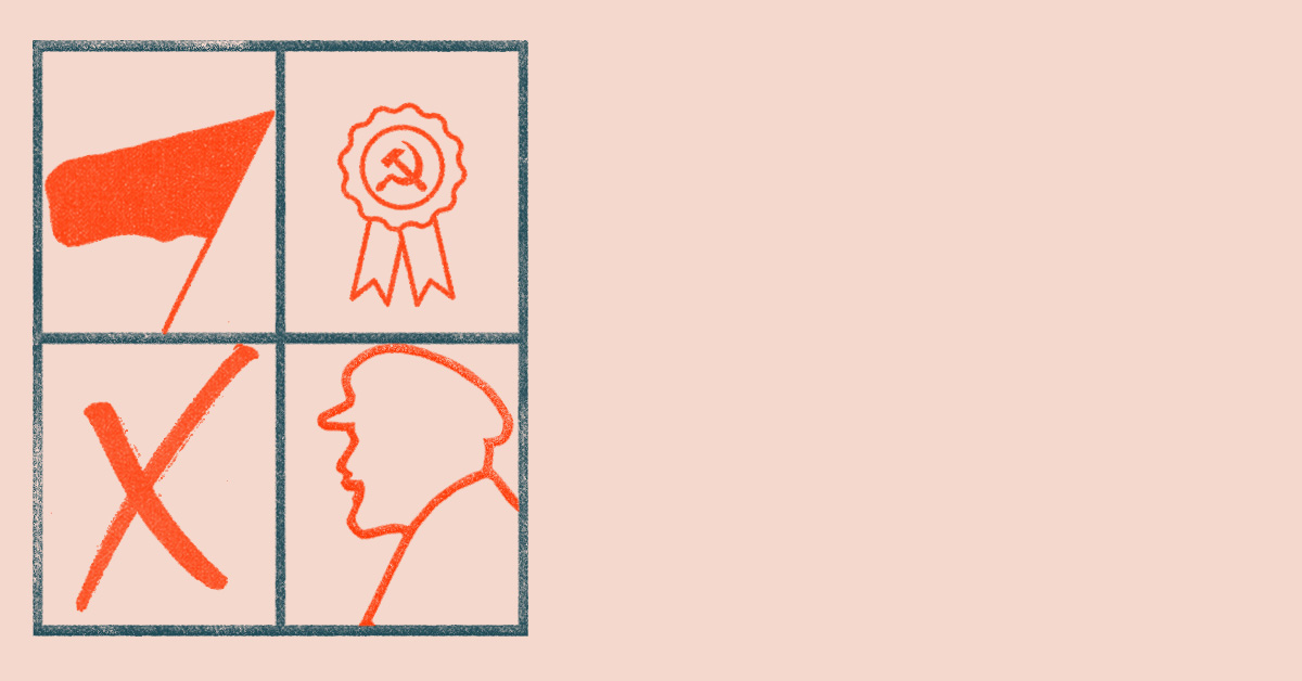 Election tactic graphic, has a square with flag, badge, cross, and outline of Lenin